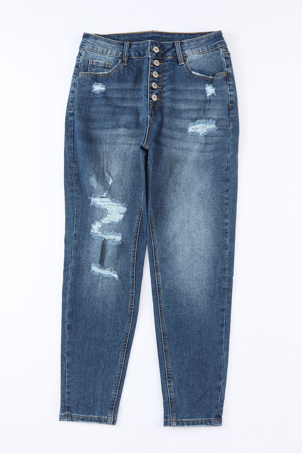 Blue Distressed Button Fly High Waist Skinny Jeans