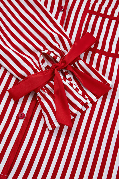 Red Stripe Contrast Velvet Trim Bow Knot Waist 2pcs Pajama Set Dear-Lover Dropshipping