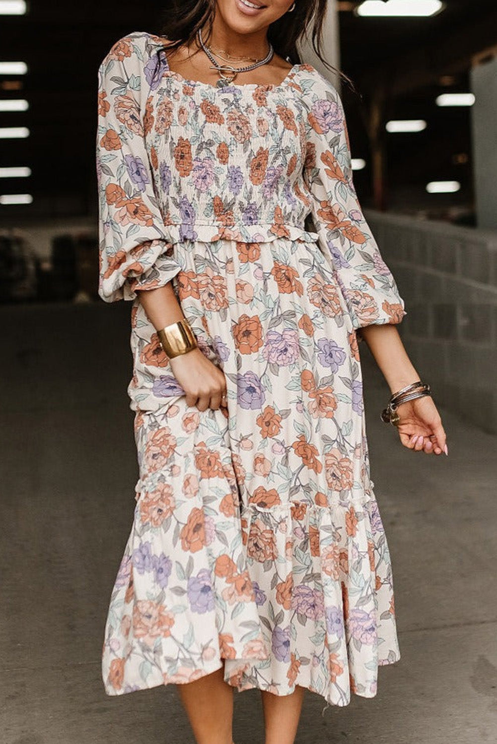 Floral Print Smocked Midi Dress