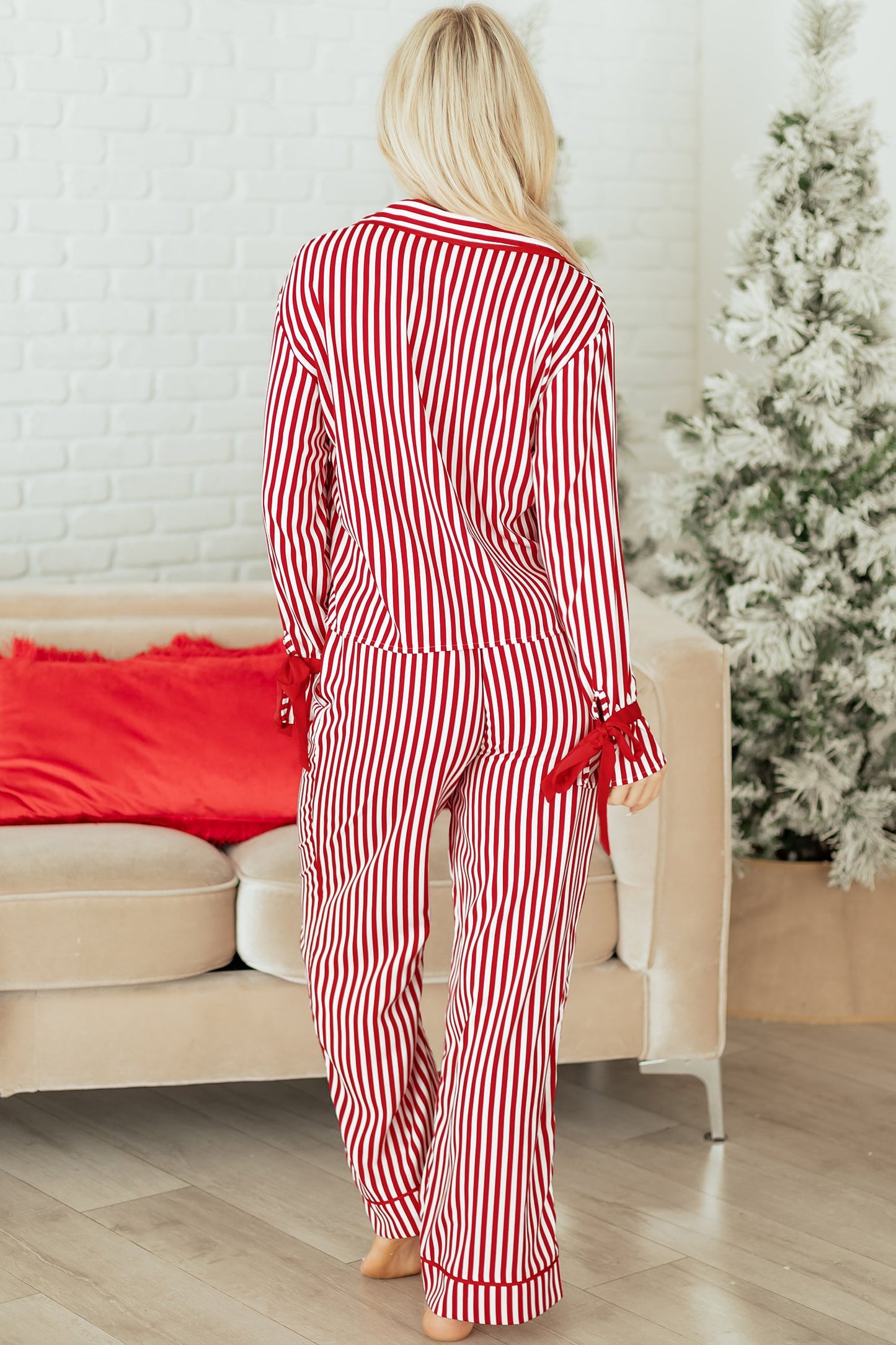 Red Stripe Contrast Velvet Trim Bow Knot Waist 2pcs Pajama Set Dear-Lover Dropshipping