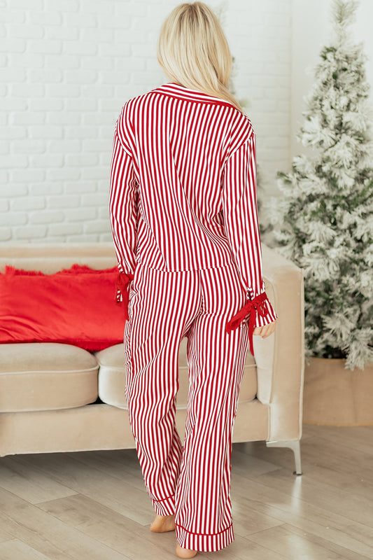 Red Stripe Contrast Velvet Trim Bow Knot Waist 2pcs Pajama Set Dear-Lover Dropshipping