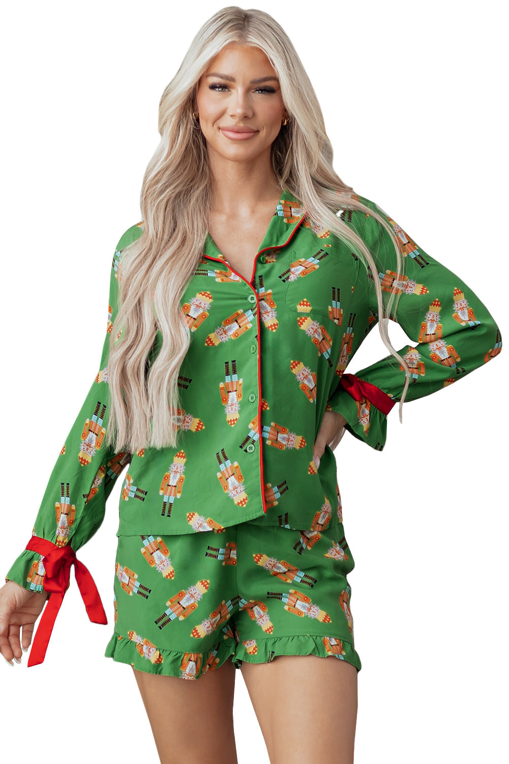 Pink Christmas Candy Contrast Trim Bow Knot Silky 2pcs Pajama Set Dear-Lover Dropshipping