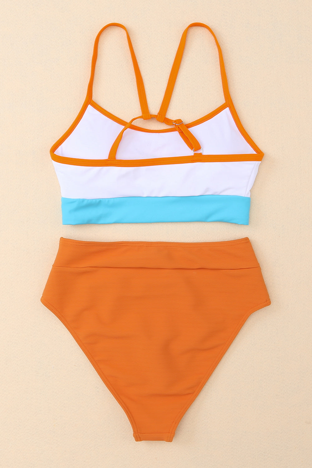 Orange Color Block Spaghetti Strap High Waist Two Piece Swimsuit