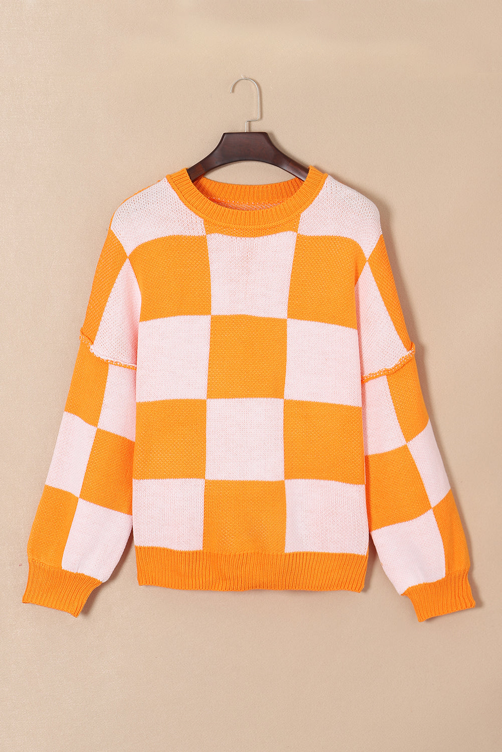 Orange & White Plaid Exposed Seam Bishop Sleeve Sweater