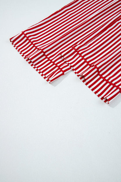 Red Stripe Contrast Velvet Trim Bow Knot Waist 2pcs Pajama Set Dear-Lover Dropshipping