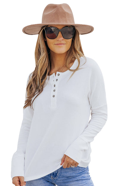 White Waffle Knit Henley Top