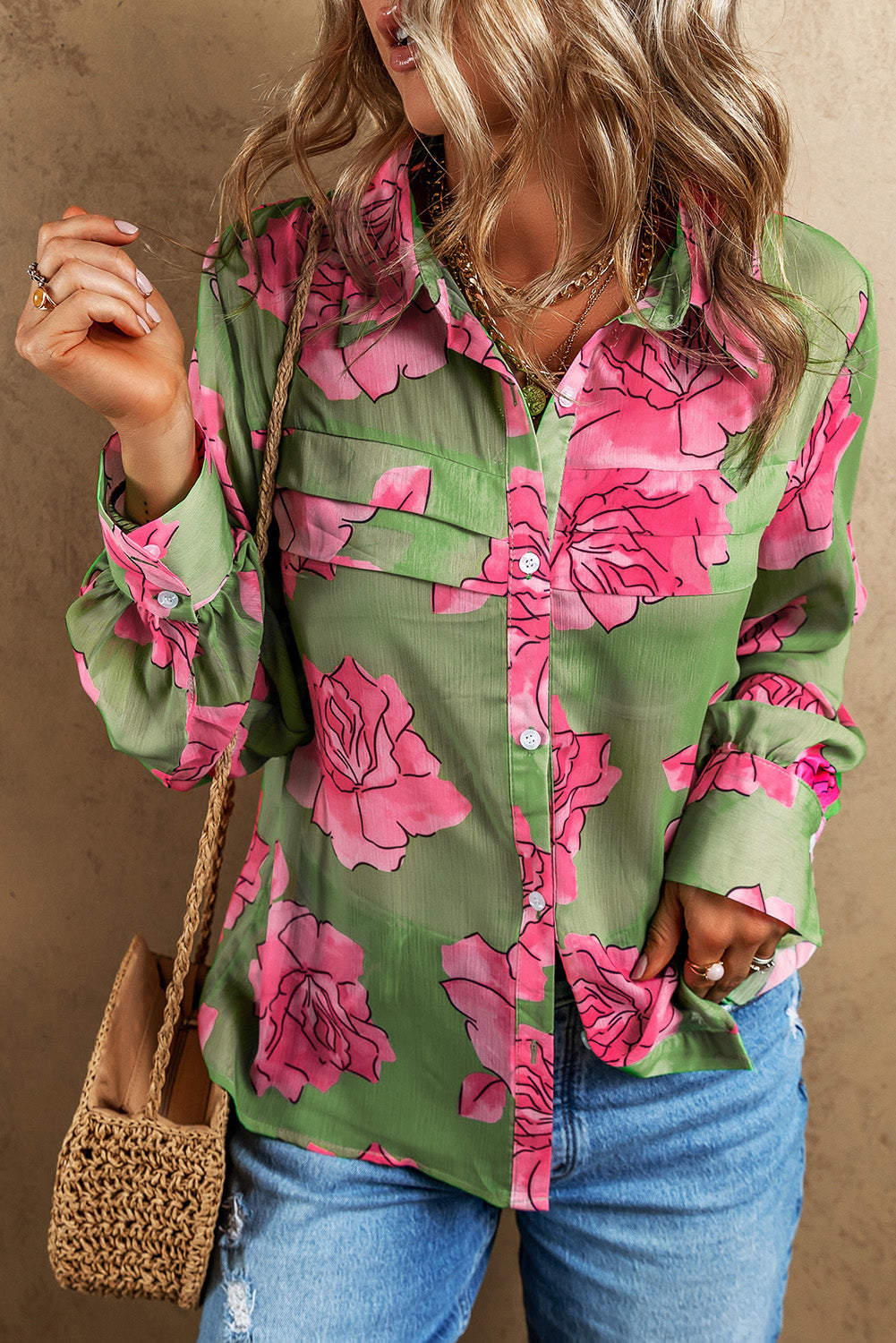 Green Floral Print Pleated Detail Puff Sleeve Shirt****