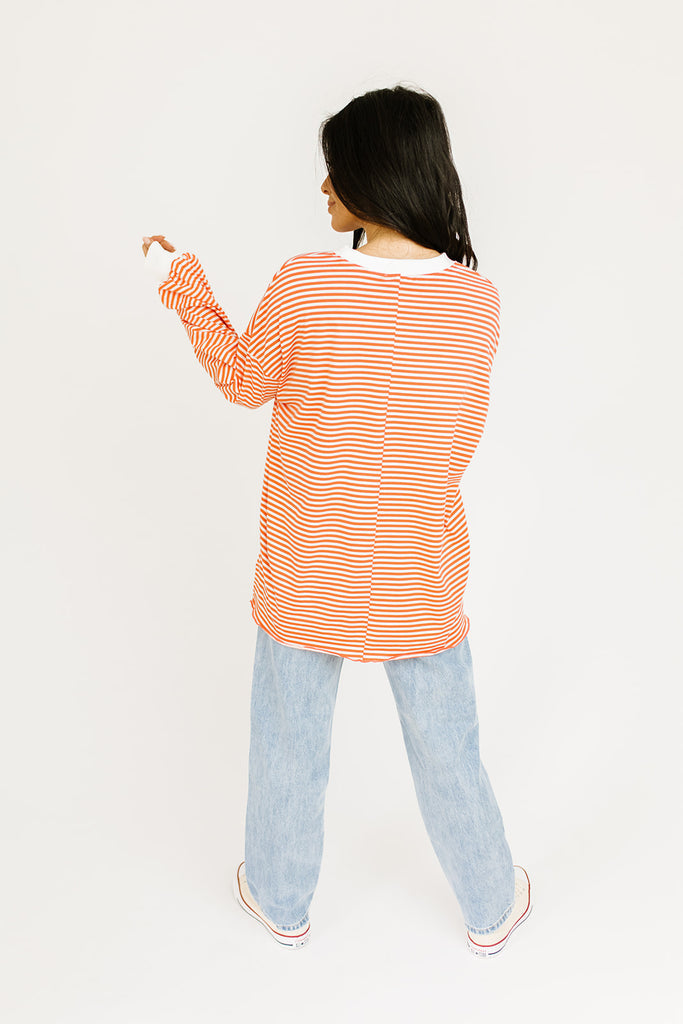 Gameday Orange & White Striped Contrast Trim Drop Sleeve Sweatshirt