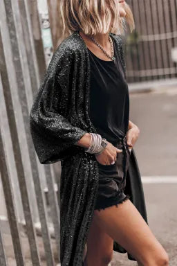 Black Sequin 3/4 Sleeve Open Front Duster Cardigan