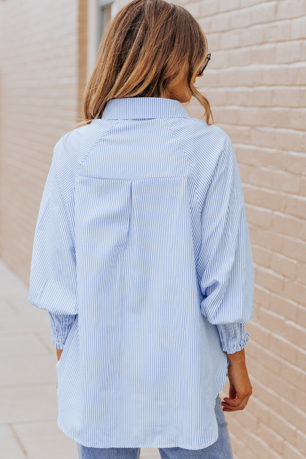 Black Striped Casual Shirred Cuffs Shirt