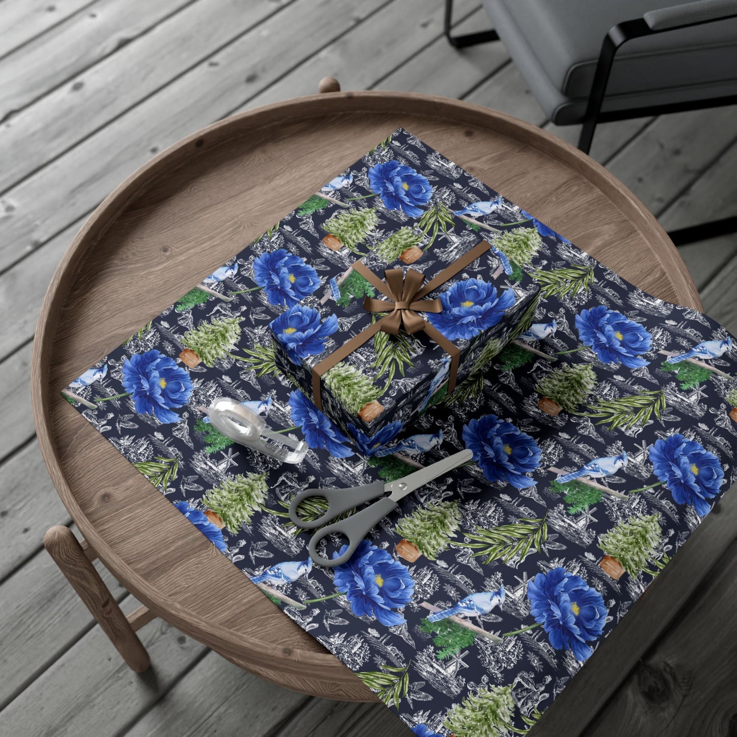 Blue Floral with Christmas Greenery Wrapping paper Printify
