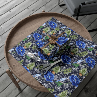 Blue Floral with Christmas Greenery Wrapping paper Printify