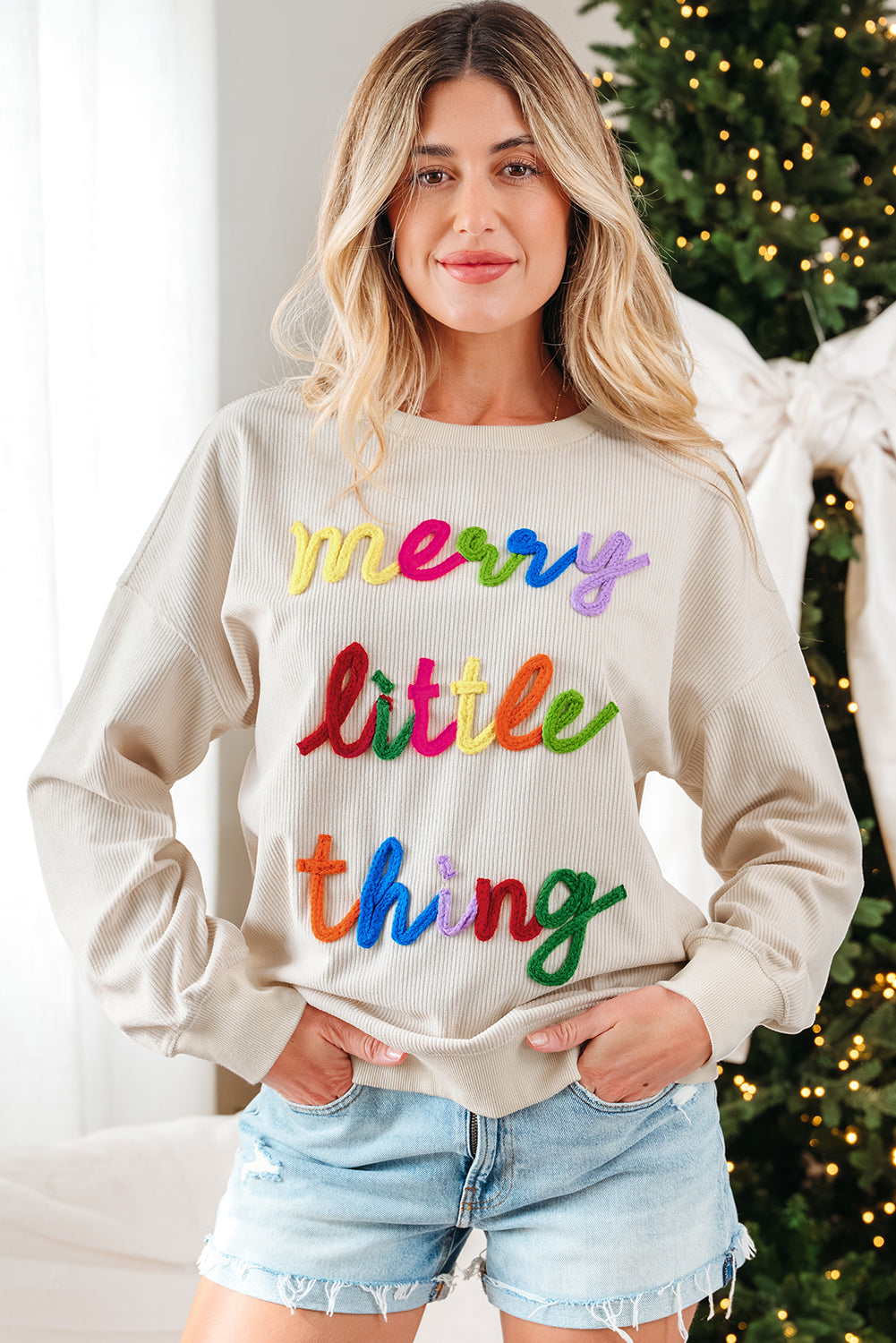 Beige merry little thing Corded Letter Graphic Ribbed Loose Sweatshirt Dear-Lover Dropshipping