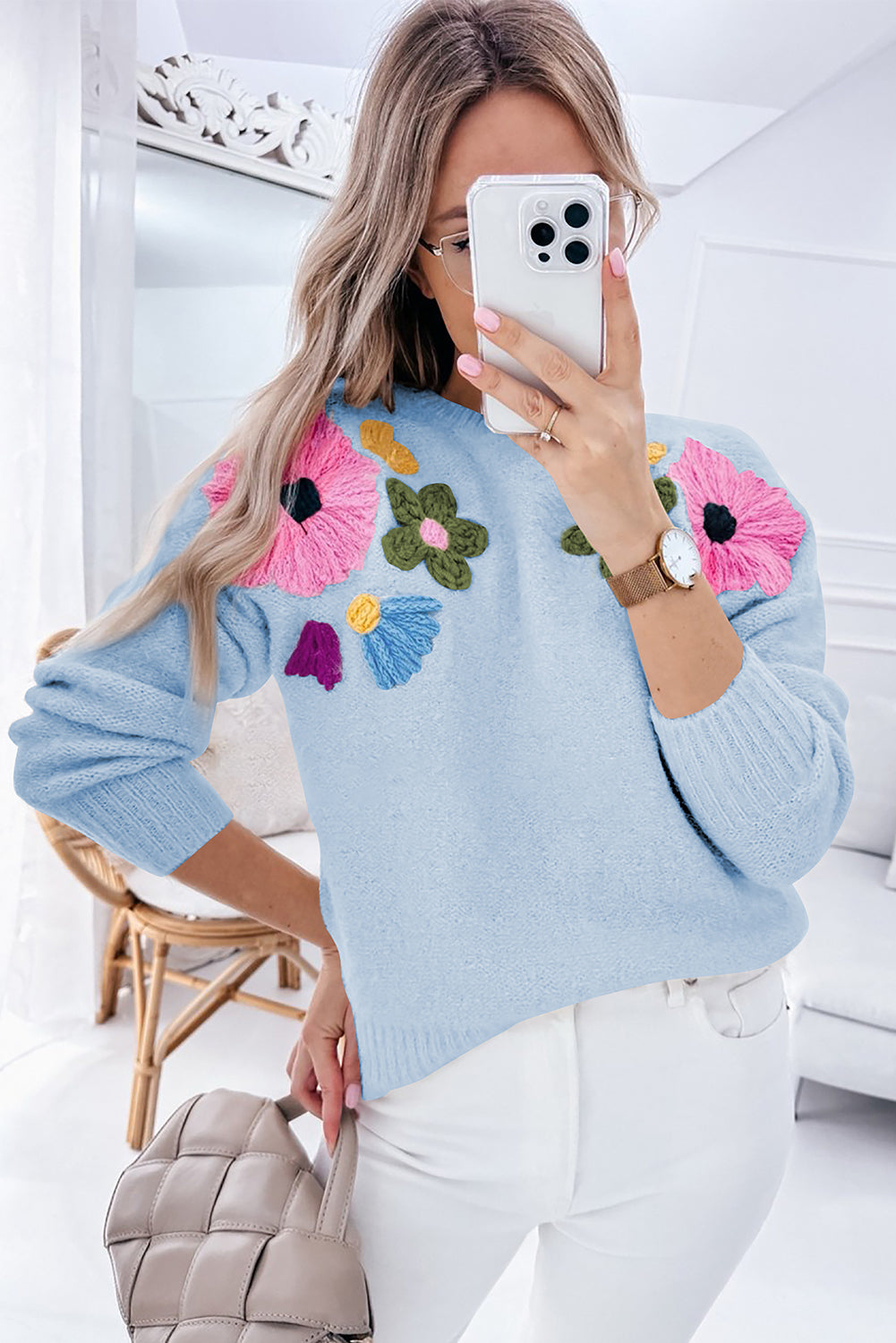 Beige Knitted Flower Pattern Ribbed Edge Sweater - Greta Bean & Co.