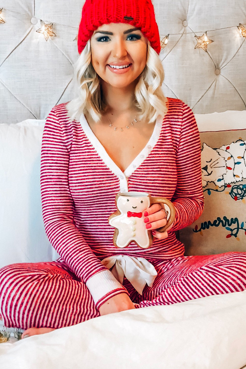 Red Striped Top and Knotted Waist Pants Pajama Set