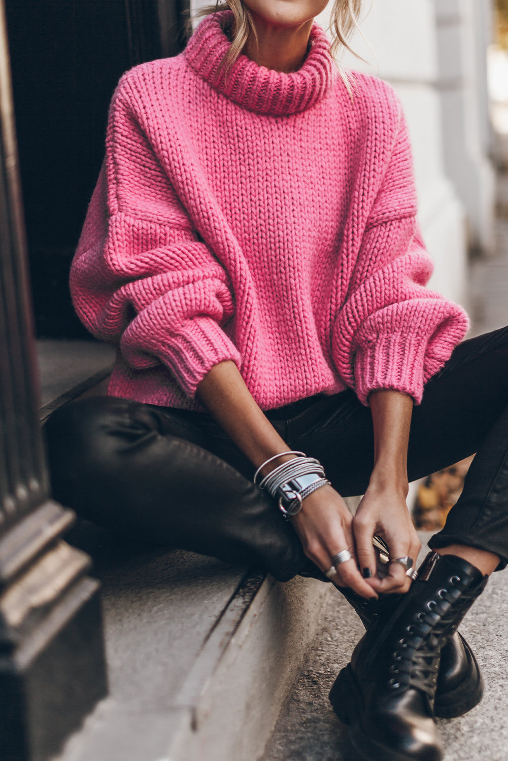 Rose Red Chunky Turtle Neck Sweater****