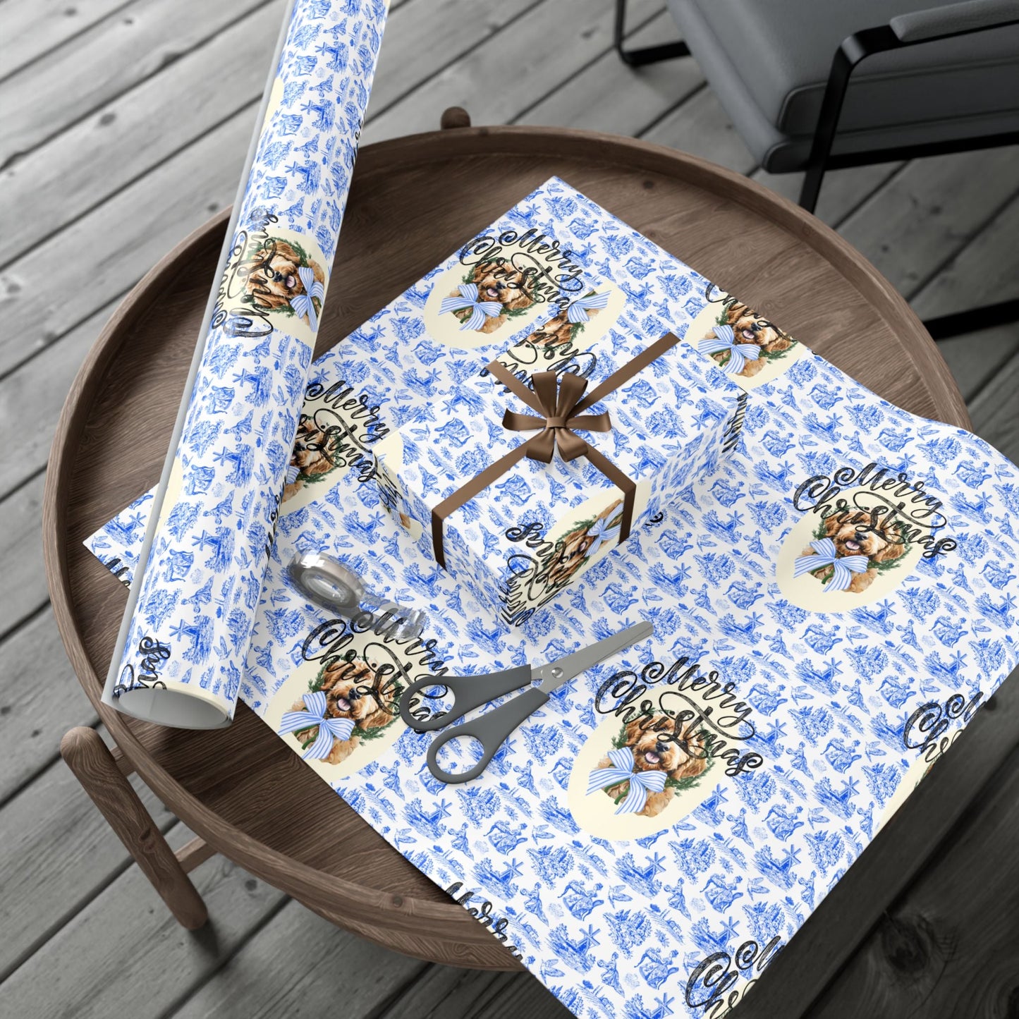 Vintage Blue Toile Goldendoodle Christmas Wrapping Paper Printify