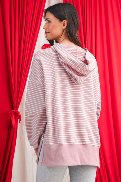 Purple Stripe Thumbhole Side Slits Drop Shoulder Loose Fit Hoodie Shewin