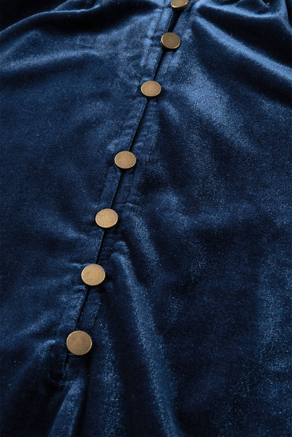 Navy Blue Frilled Buttoned V Neck Velvet Blouse