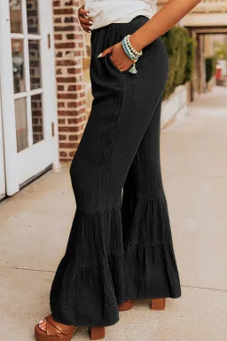 Black Cotton Tiered Ruffle Flare Pants