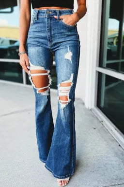 Blue High Waist Distressed Cutout Flare Leg Jeans