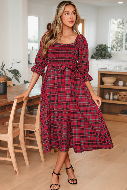 Holiday Red Tartan Plaid Midi Dress Dear-Lover Dropshipping