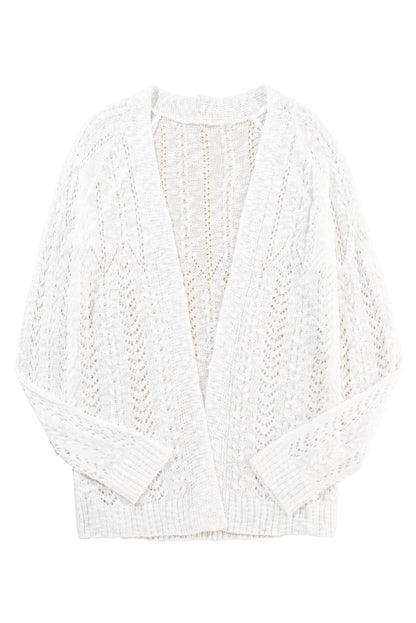 White Solid Color Hollow Knit Open Front Cardigan