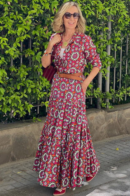 Red Floral  Long Sleeve Maxi Dress