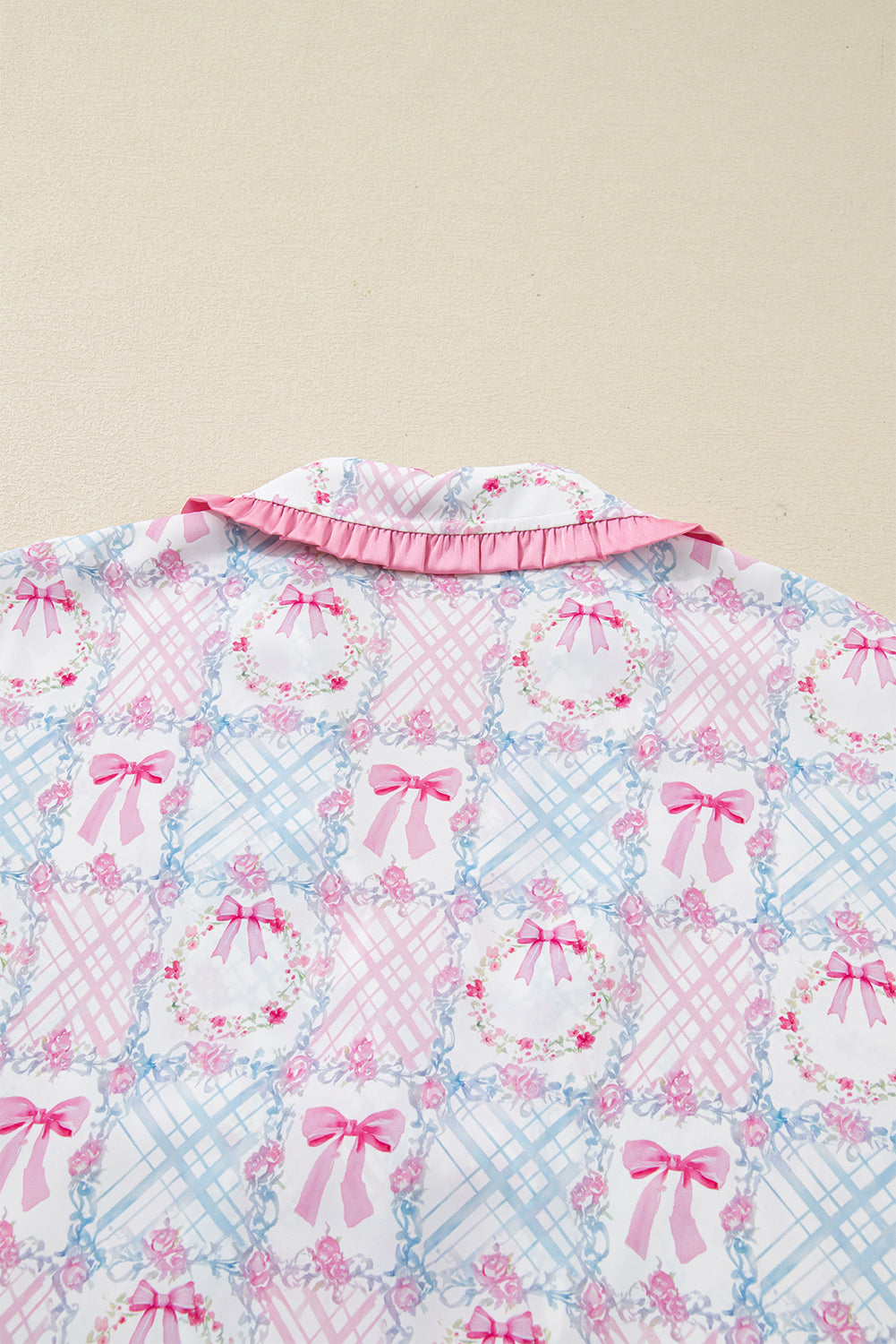 Pink Bow Wreath Pattern Christmas Holiday Tied Front Long Sleeve 2pcs Pajama Set Dear-Lover Dropshipping