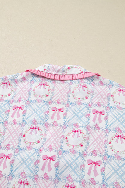 Pink Bow Wreath Pattern Christmas Holiday Tied Front Long Sleeve 2pcs Pajama Set Dear-Lover Dropshipping