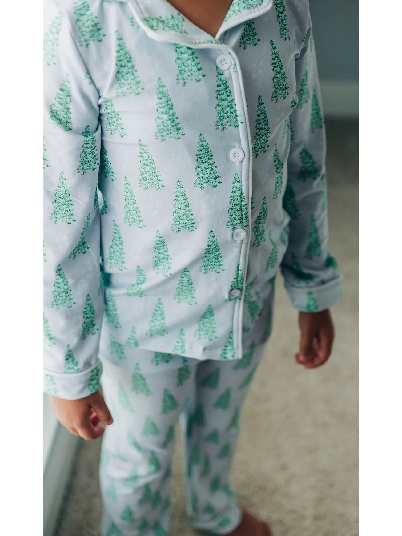 Family Christmas Pajamas Button Down PJs - Blue Christmas Tree