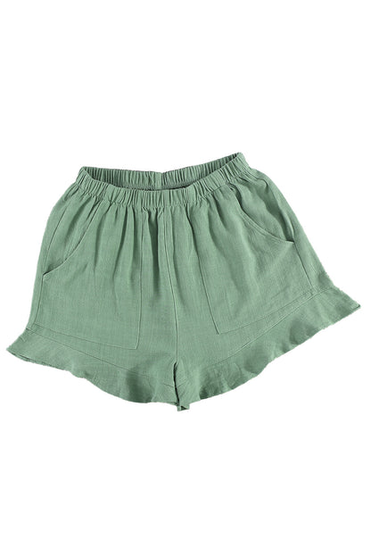 Green Casual High Waist Pocketed Ruffle Shorts