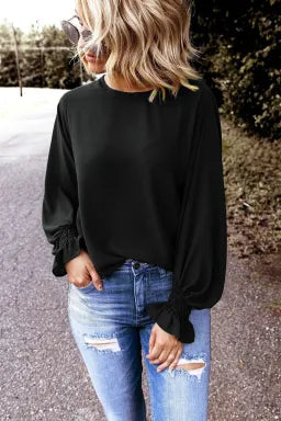 Black Smocked Cuffs Long Sleeve Blouse