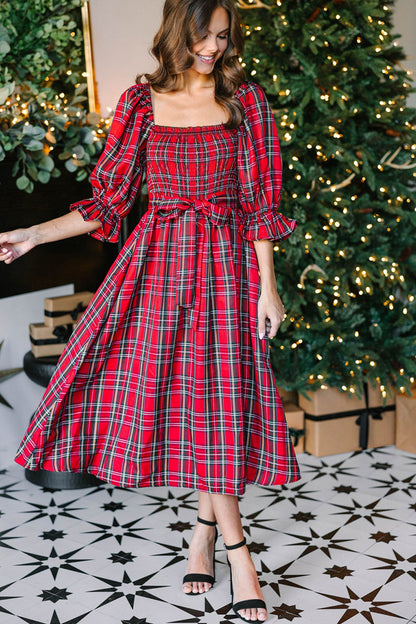 Holiday Red Tartan Plaid Midi Dress Dear-Lover Dropshipping