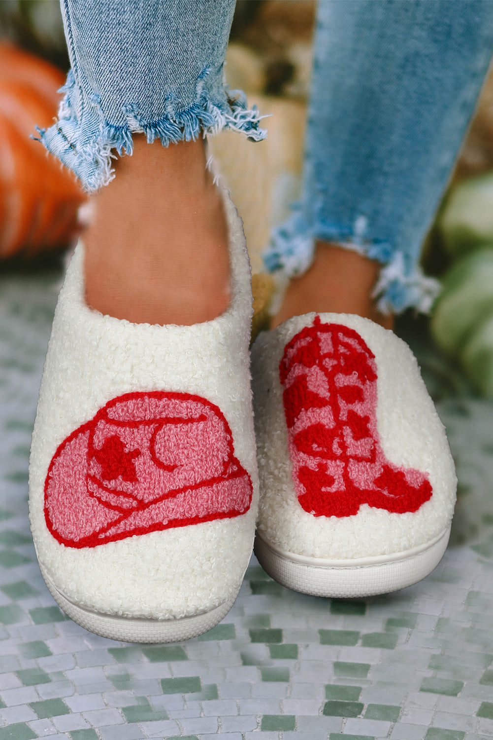 Western Graphic Embroidered Sherpa Home Slippers - Greta Bean & Co.