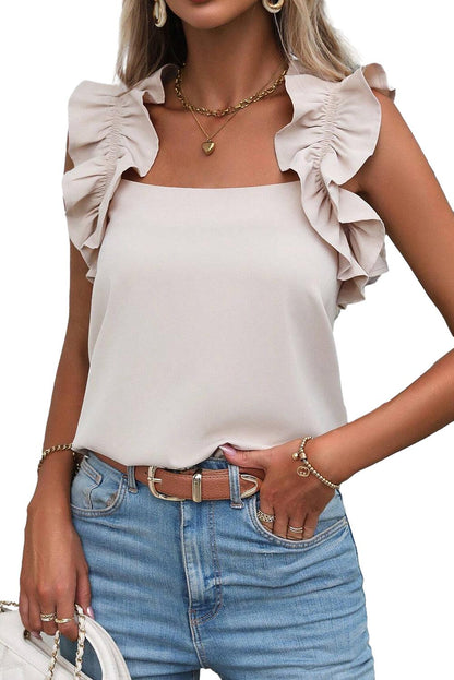 Oatmeal Solid Ruffle Trim Sleeveless Blouse