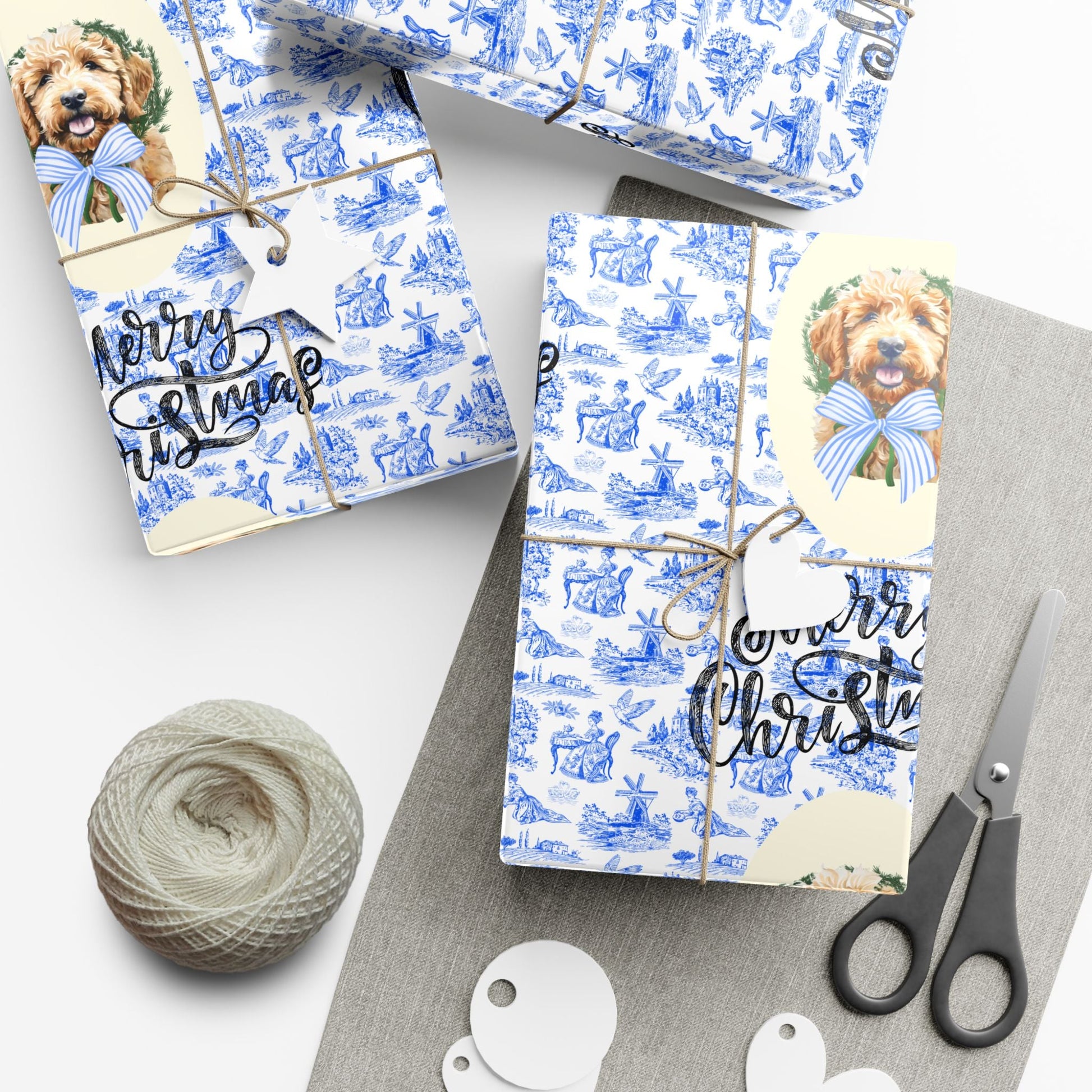 Vintage Blue Toile Goldendoodle Christmas Wrapping Paper Printify
