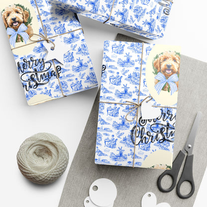 Vintage Blue Toile Goldendoodle Christmas Wrapping Paper Printify