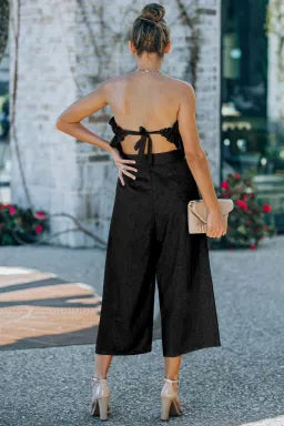 Black Linen Backless Ruffled Strapless Wide Leg Jumpsuit