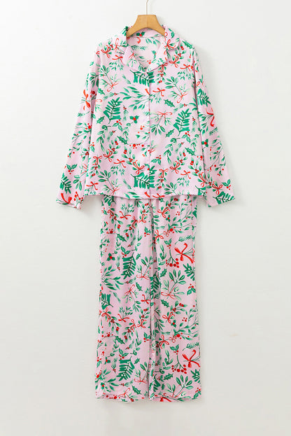 Pink Christmas Berries Plant Print Satin Long Sleeve Pajama Set Dear-Lover Dropshipping