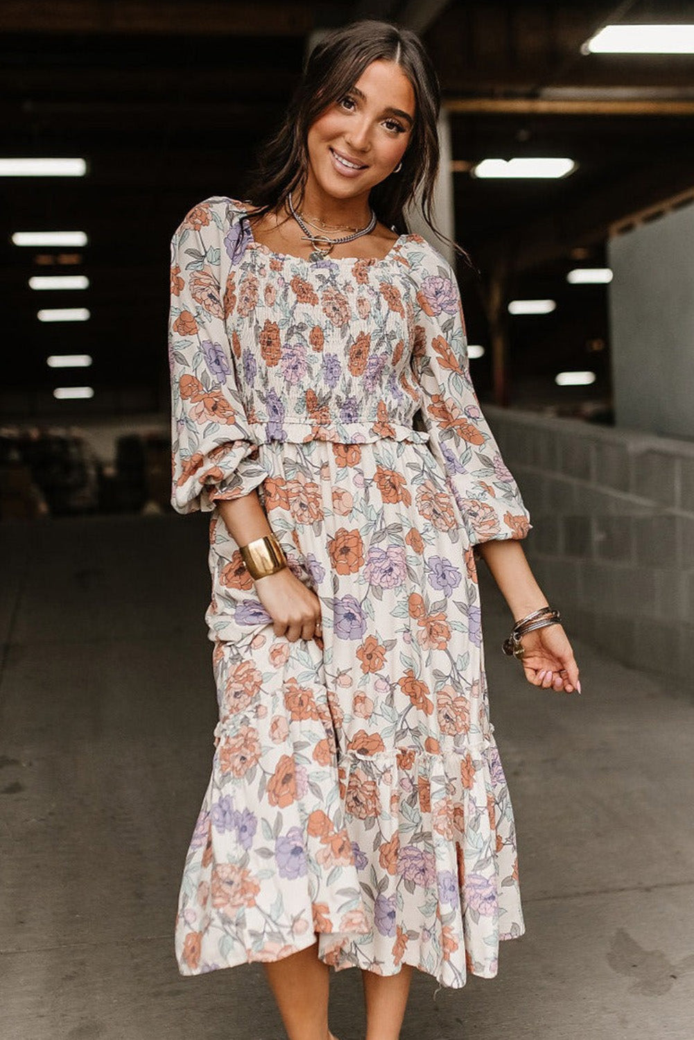 Floral Print Smocked Midi Dress