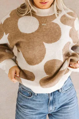 Khaki Floral Pattern Ribbed Pullover Sweater