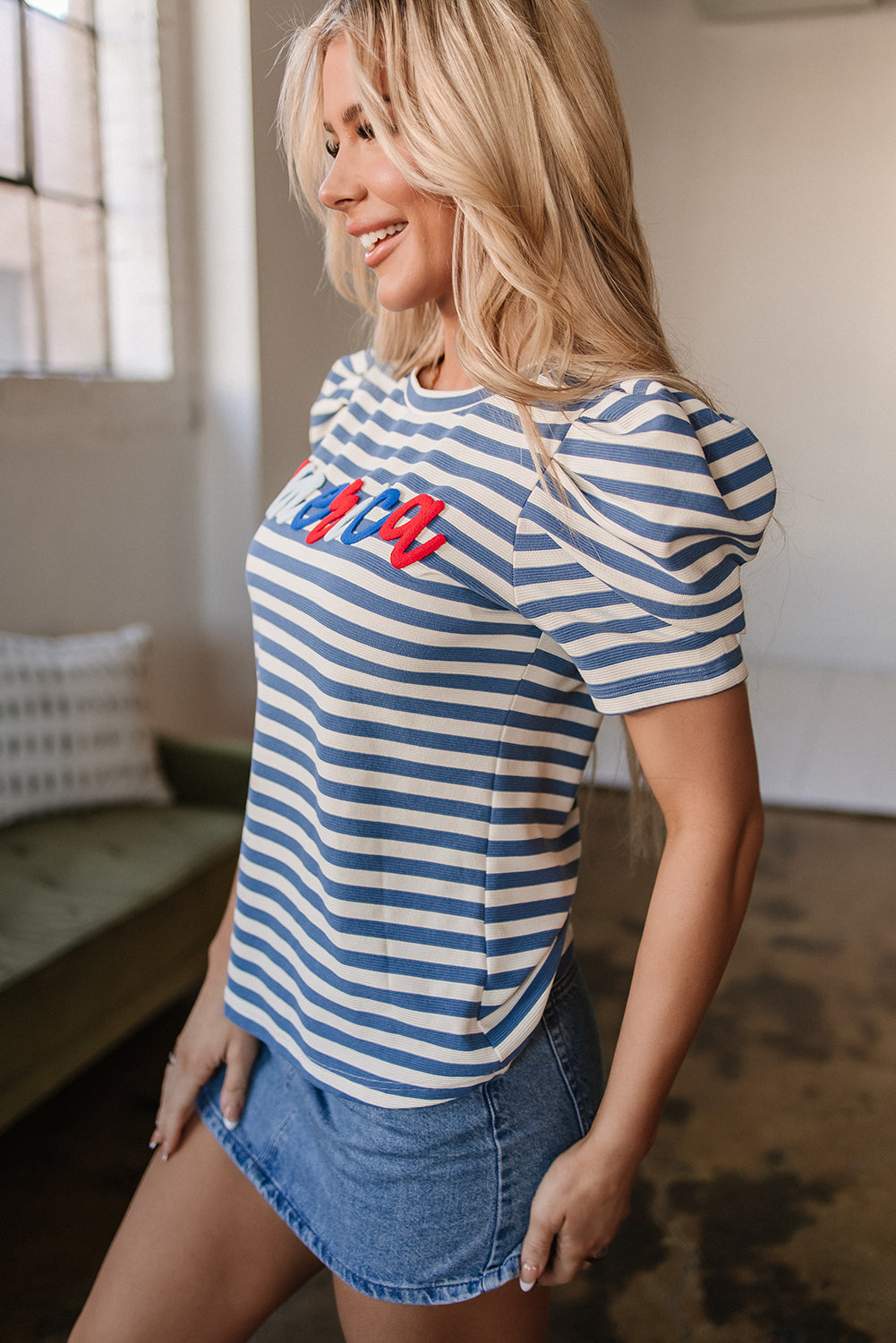 Striped America Cursive Puff Sleeve shirt - Greta Bean & Co.