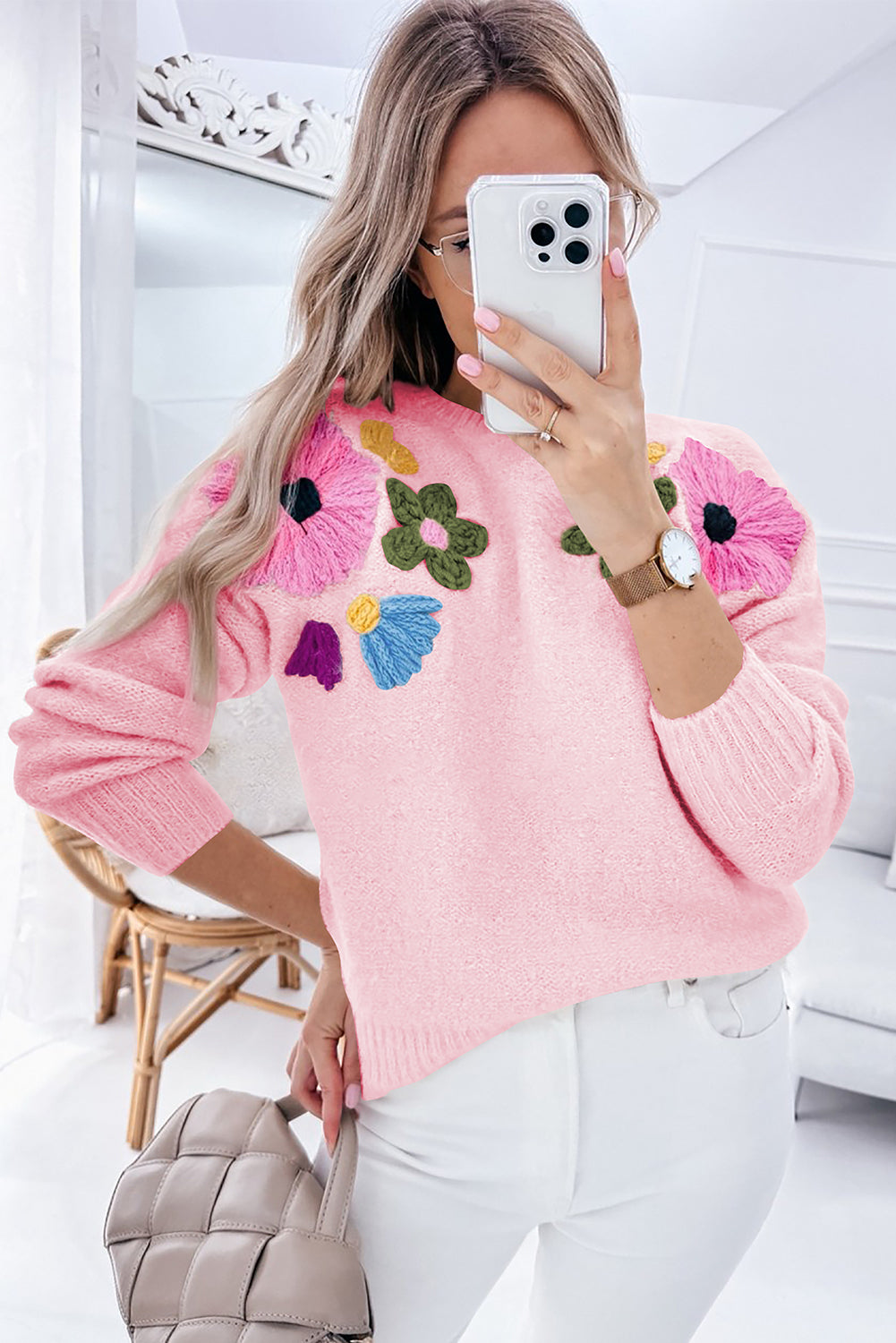 Beige Knitted Flower Pattern Ribbed Edge Sweater - Greta Bean & Co.