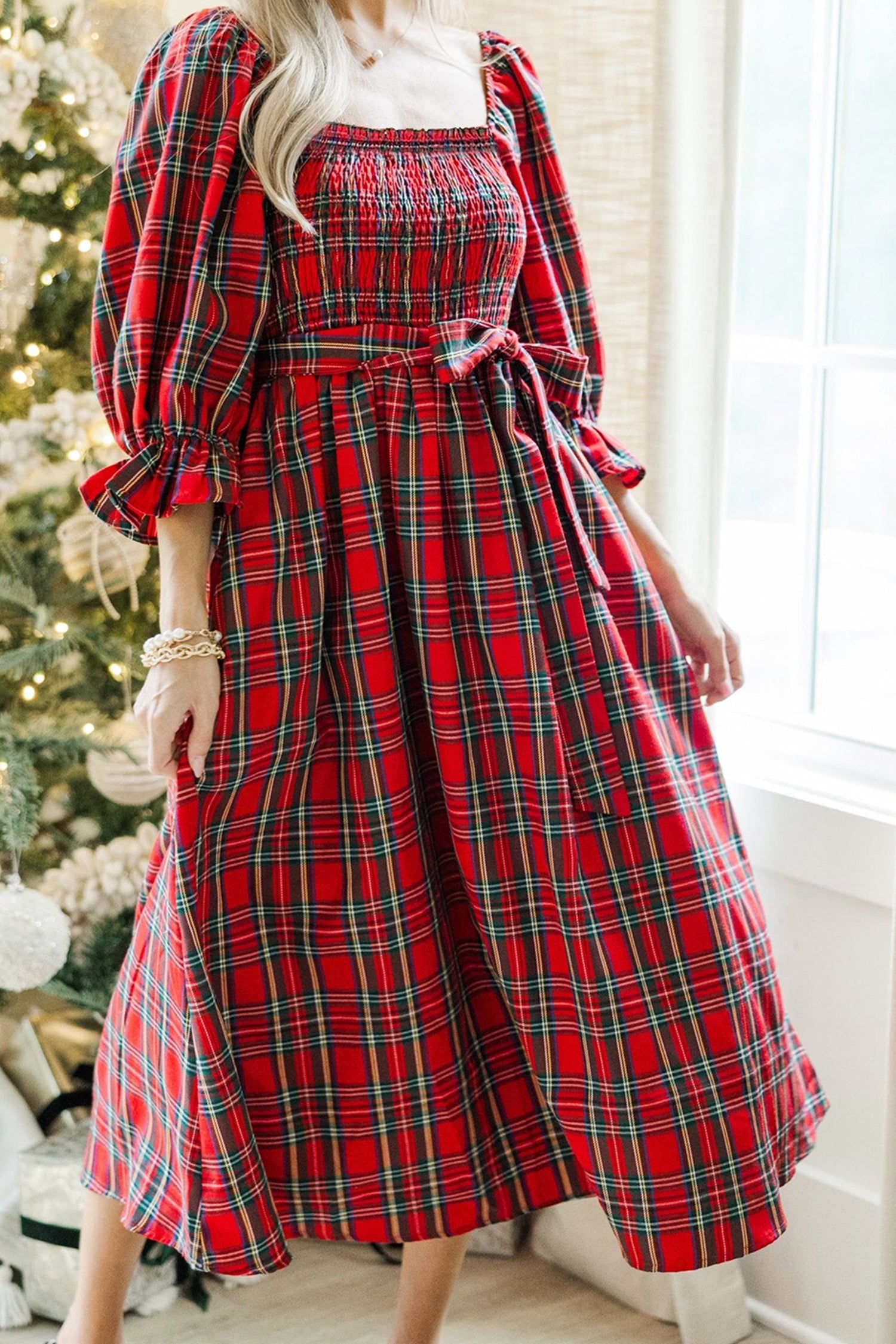 Holiday Red Tartan Plaid Midi Dress Dear-Lover Dropshipping