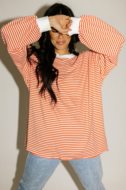 Gameday Orange & White Striped Contrast Trim Drop Sleeve Sweatshirt