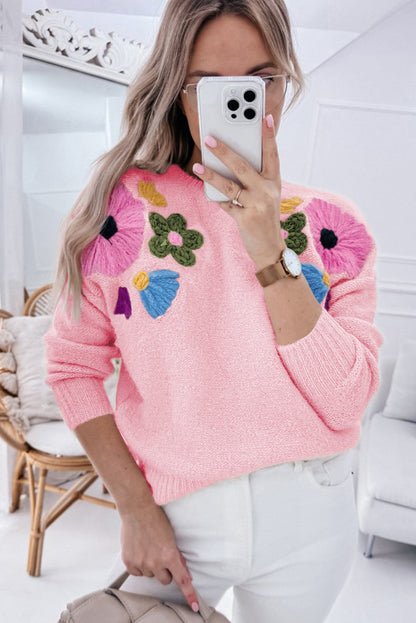 Beige Knitted Flower Pattern Ribbed Edge Sweater - Greta Bean & Co.