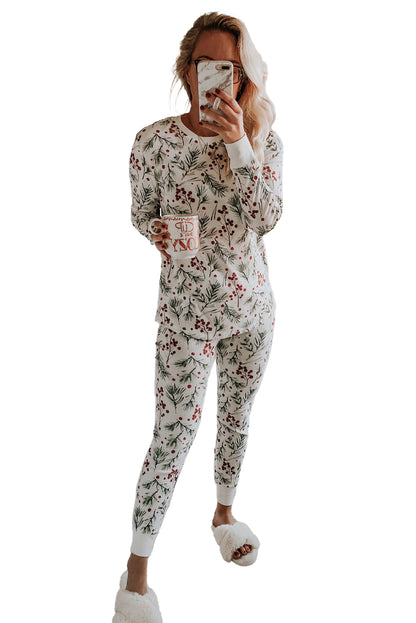 White Holly Print Thermal Pullover Pants Lounge Set