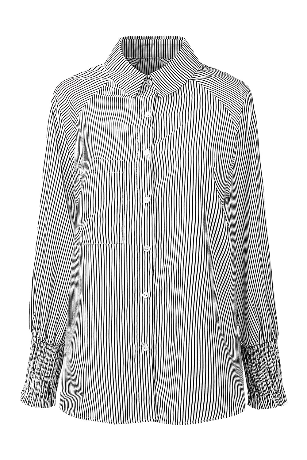 Black Striped Casual Shirred Cuffs Shirt