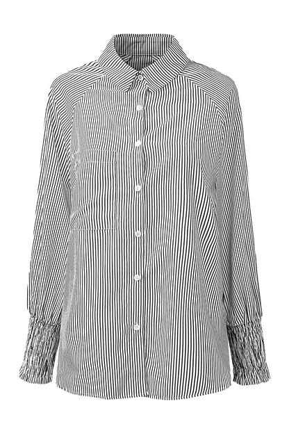 Black Striped Casual Shirred Cuffs Shirt